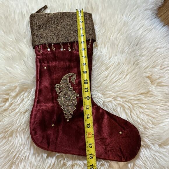 VTG Burgundy Velvet Gold Thread Paisley Brocade Crystal Bead Christmas Stocking - Picture 3 of 9